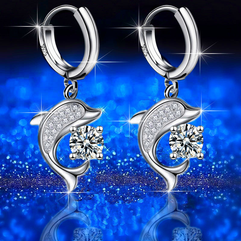 Dolphin Water Drop Ear Clip Full Diamond Mid-length Earrings