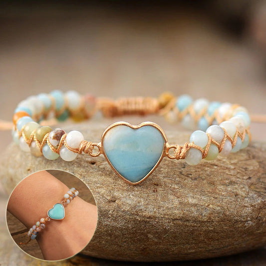 Classic Heart Shape Charm Bracelets Amazonite String Braided Macrame Wristband Teengirls Wrap Bracelet Femme Women Jewelry