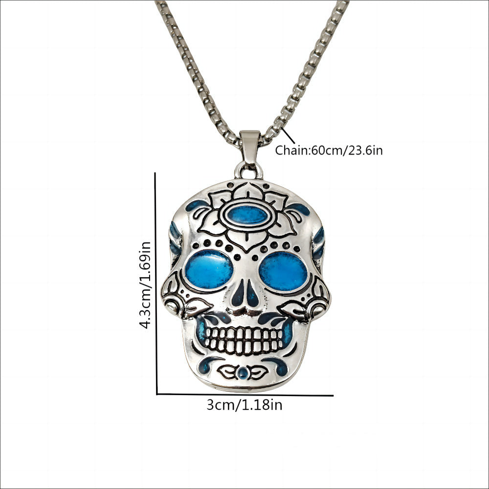 Halloween Luminous Skull Necklace With Day Of The Dead Lotus Pattern Personality Clavicle Necklace Fashion Jewelry Accessories