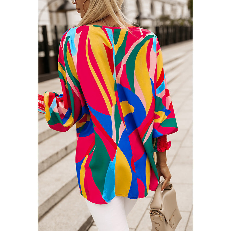 Multi-color Pullover Chiffon Shirt Personalized Abstract Printing Ruffled Long-sleeved Top